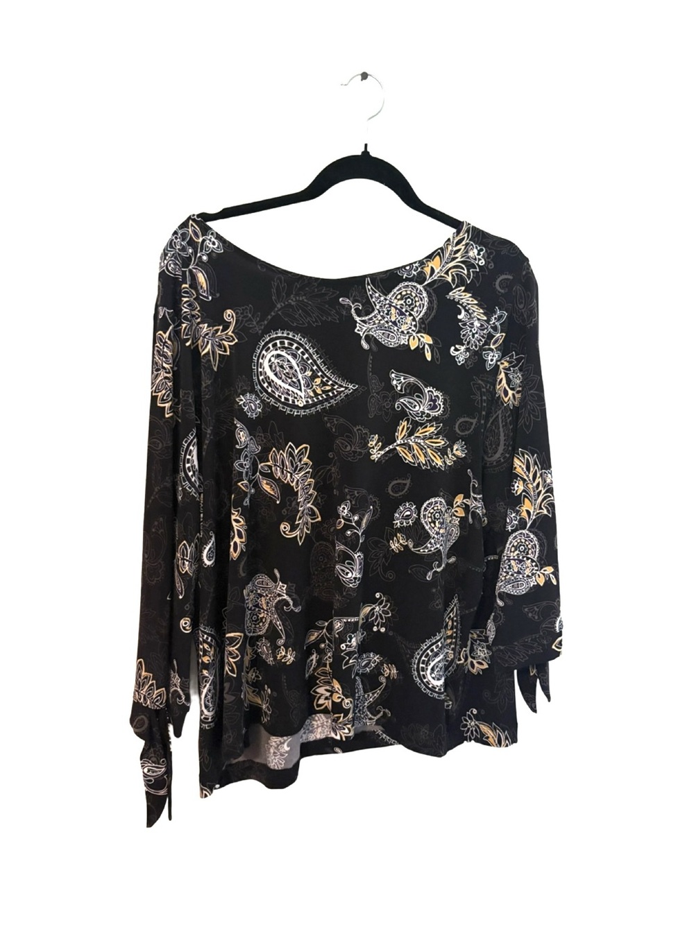 CJ Banks Black Paisley Print Blouse with White & Gold Accents